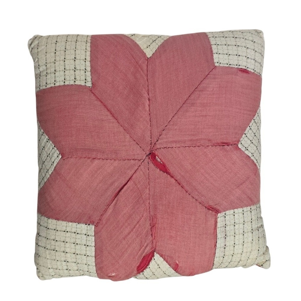 Vintage Hand Stitched Patchwork Quilt Pillow Red Gingham Lone Star Starburst